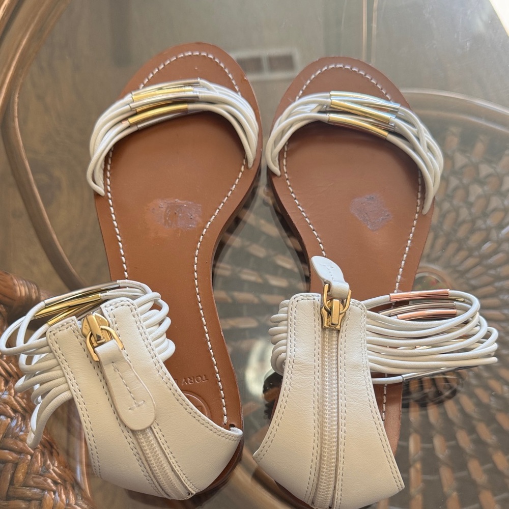 Tory Burch White Leather Ankle-Wrap Flat Sandals with Gold & Silver Accents - Picture 6 of 6